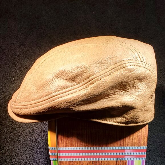 VINTAGE TOP GRAIN LEATHER NEWSPAPER BOY FLAT CAP BY SCALA ...LIGHT CARAMEL L/XL - Picture 4 of 5